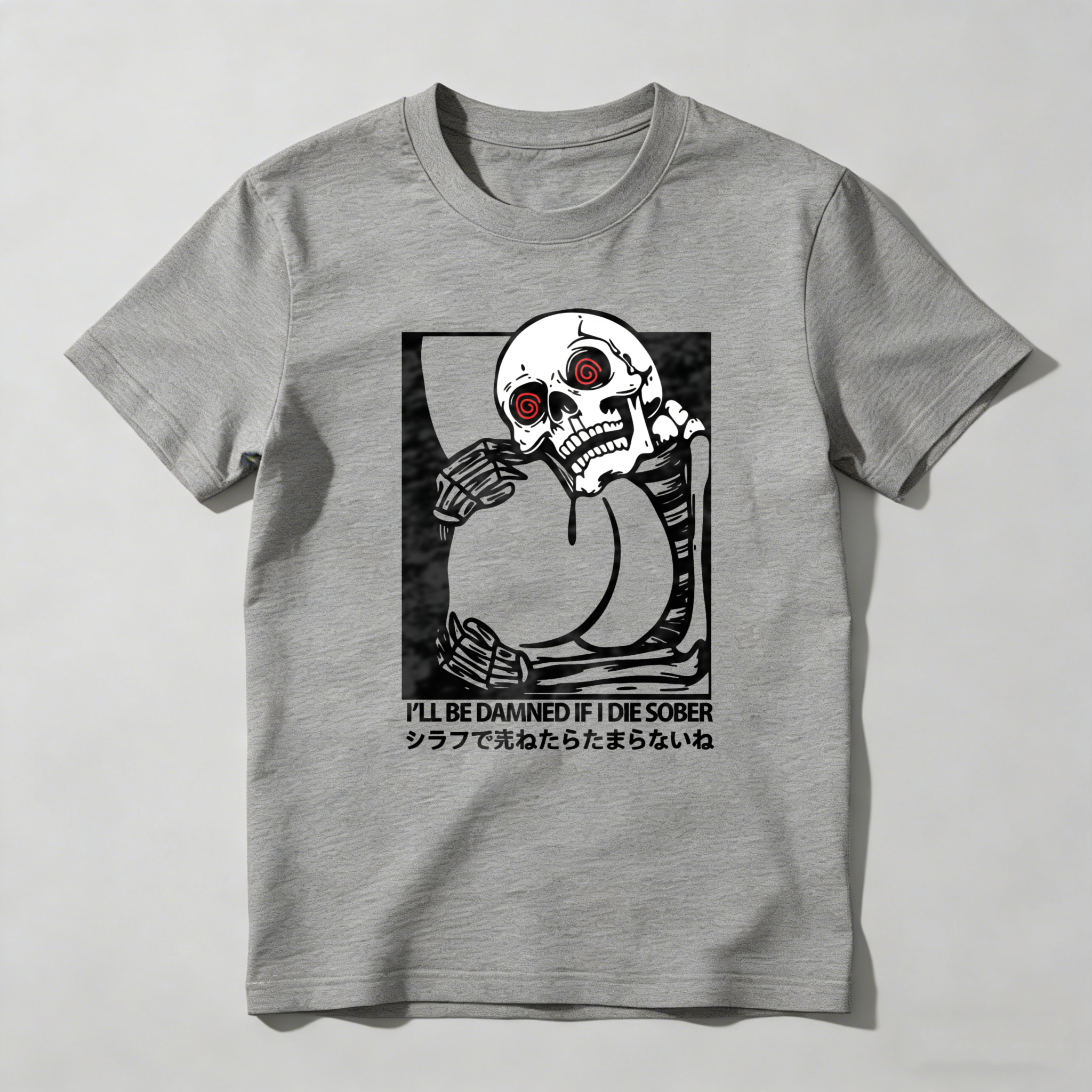 Skeleton Holding Glass With Red Eyes tshirt 100% cotton