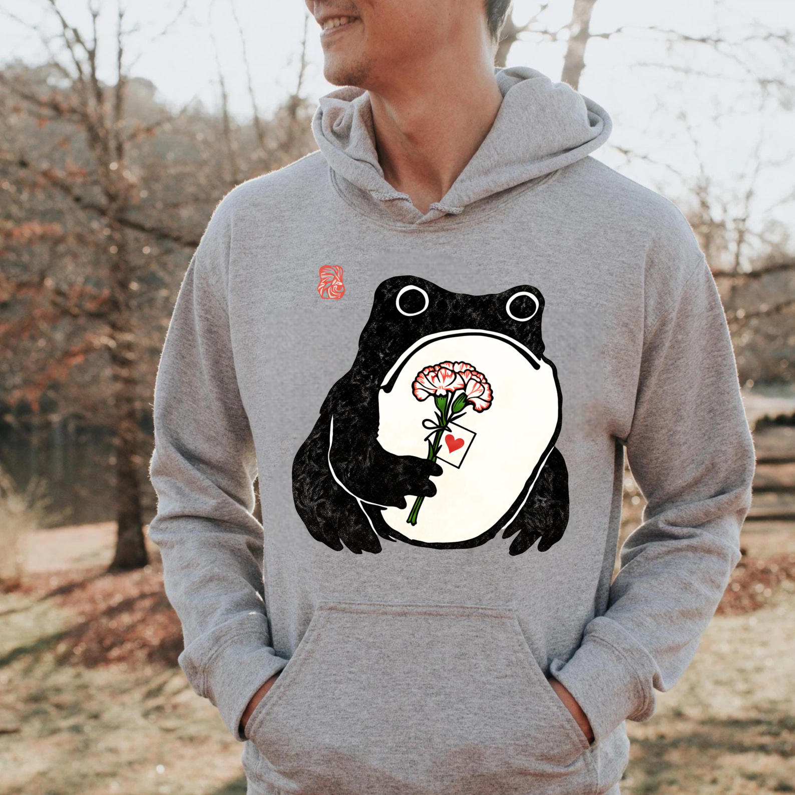 Frog Holding Rose Hoodie Black Cute Animal Design For Women And Men Unisex Sweatshirt With Pocket