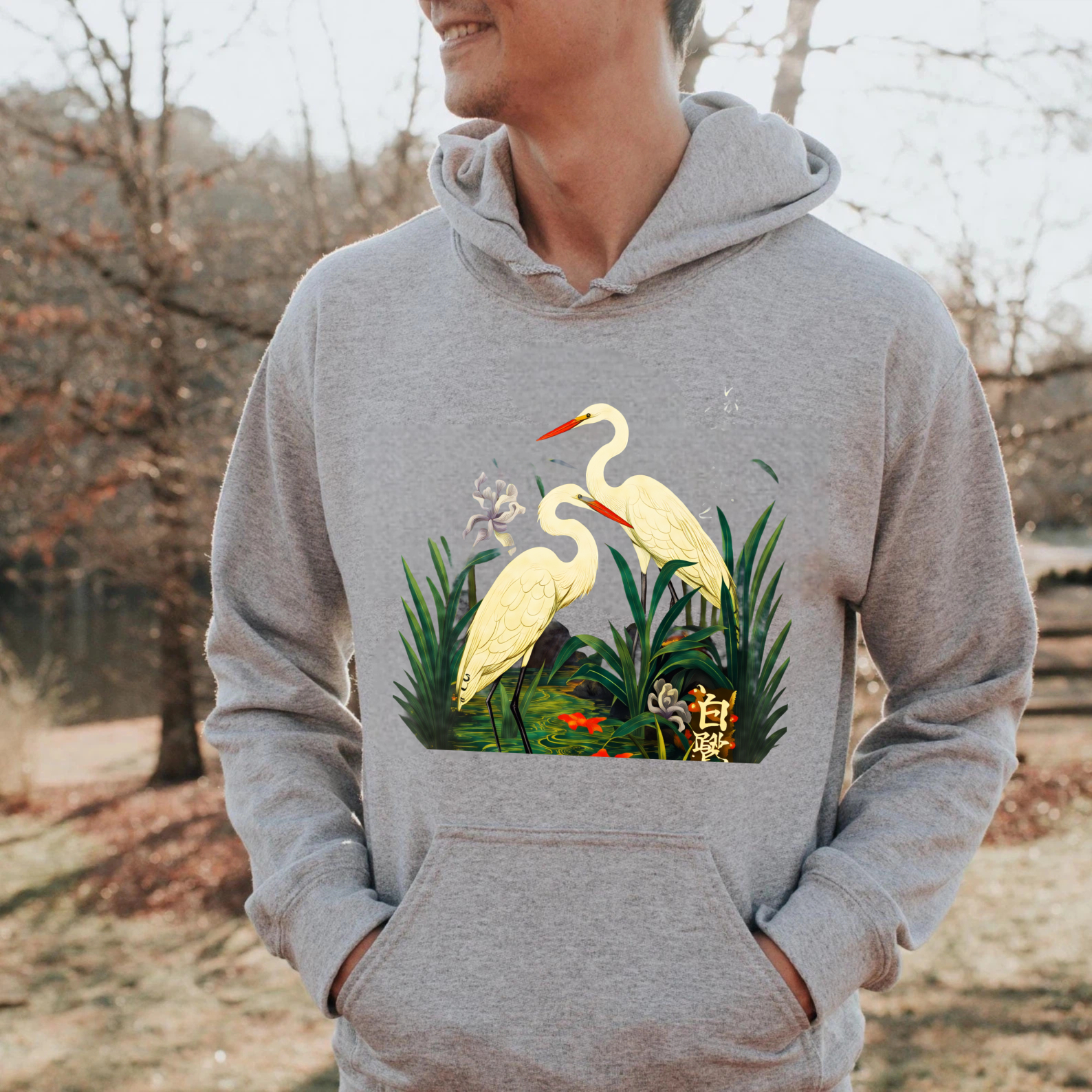 Black Hoodie With Crane And Floral Design Nature Inspired Art Print Sweatshirt