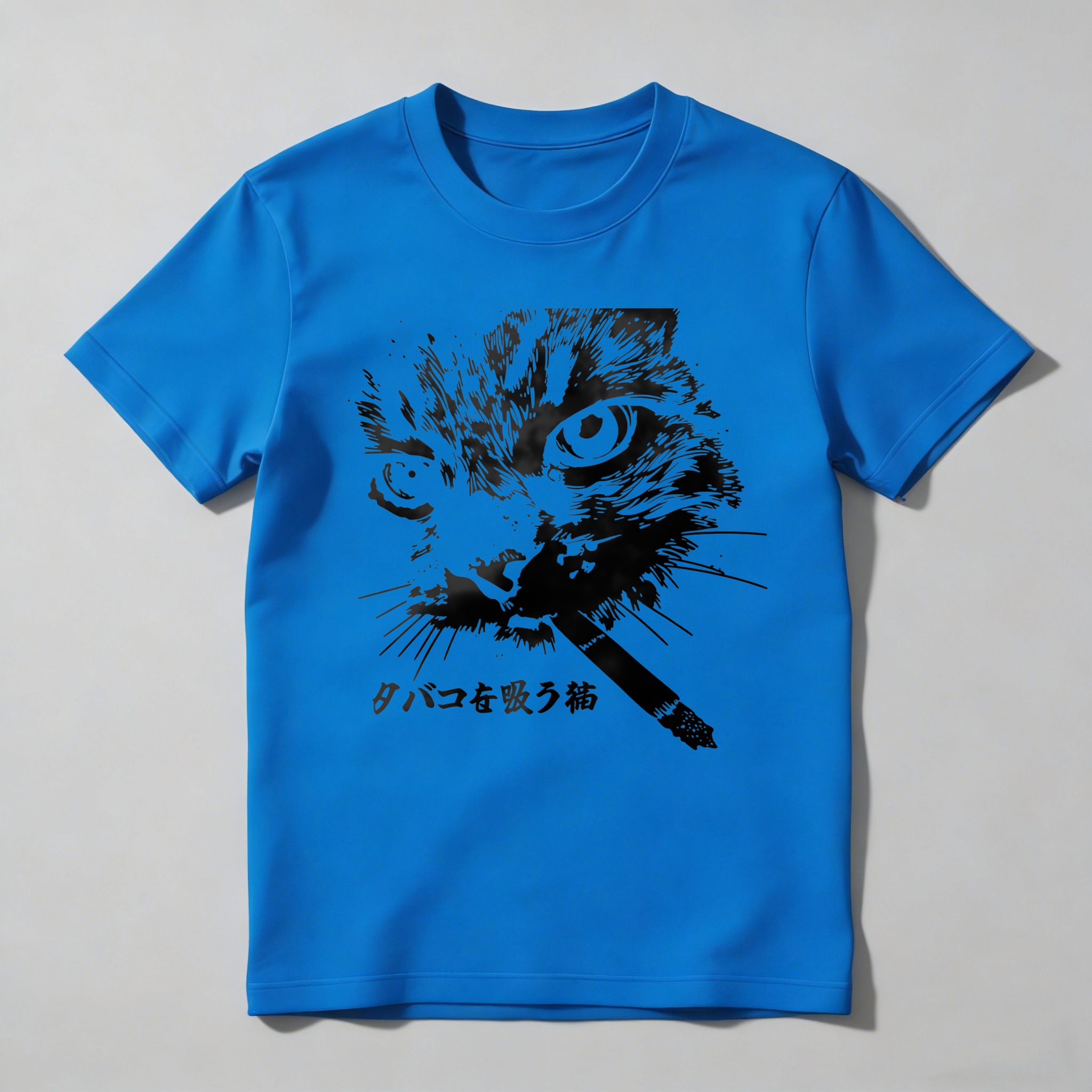Cat Smoking Cigarette With Japanese Text tshirt 100% cotton