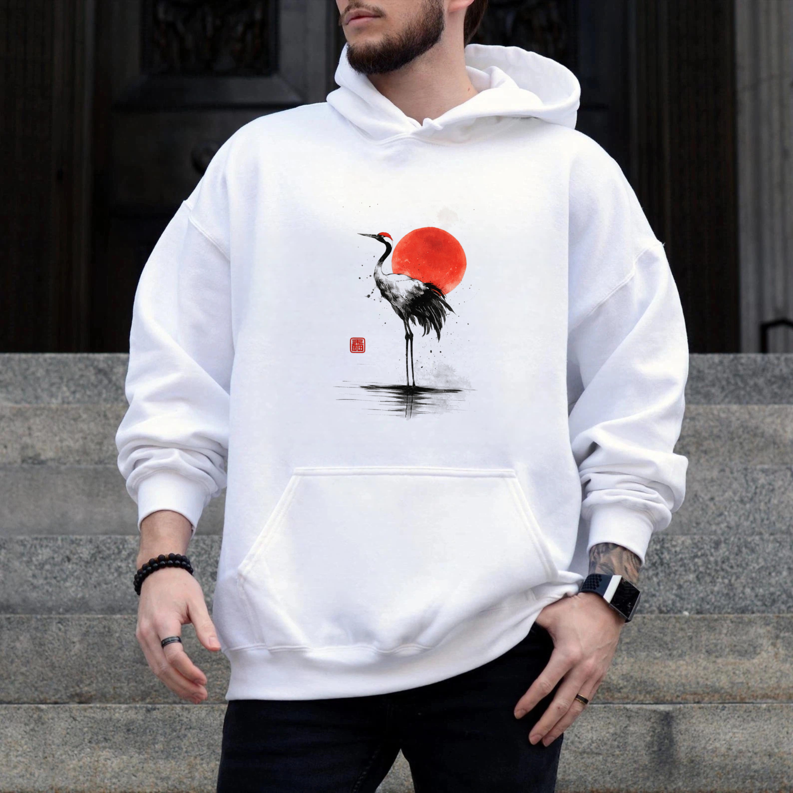 Black Hoodie With Red Sun And Crane Design Artistic Print Sweatshirt For Men And Women