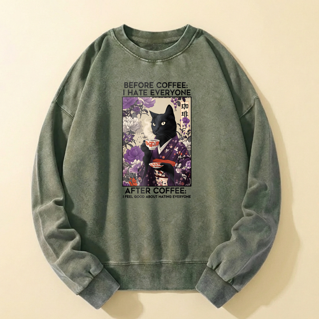 Black Cat In Kimono Coffee Art Sweatshirt Unisex Casual Crewneck Pullover Top