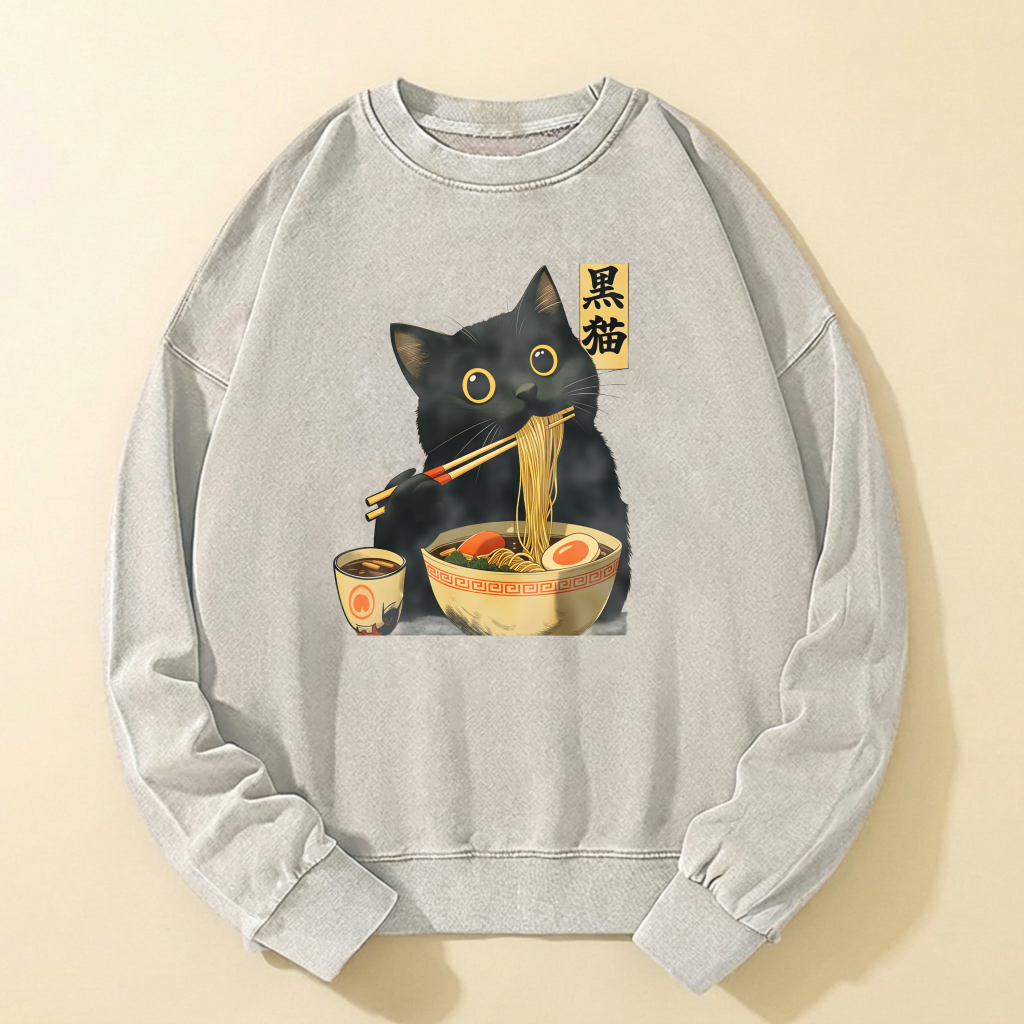 Black Cat Eating Ramen Sweatshirt Unisex Cotton Long Sleeve Pullover Casual Top With Japanese Style Design