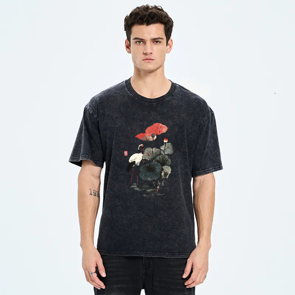 Crane Lotus Red Flower Art Print tshirt 100% cotton
