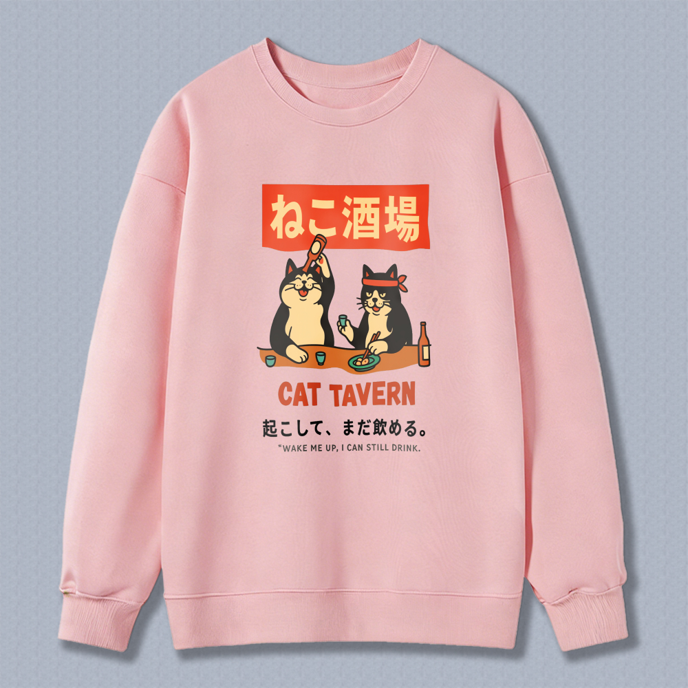 Cat Tavern Sweatshirt With Japanese Cat Design And Red Sign Artwork For Casual Wear