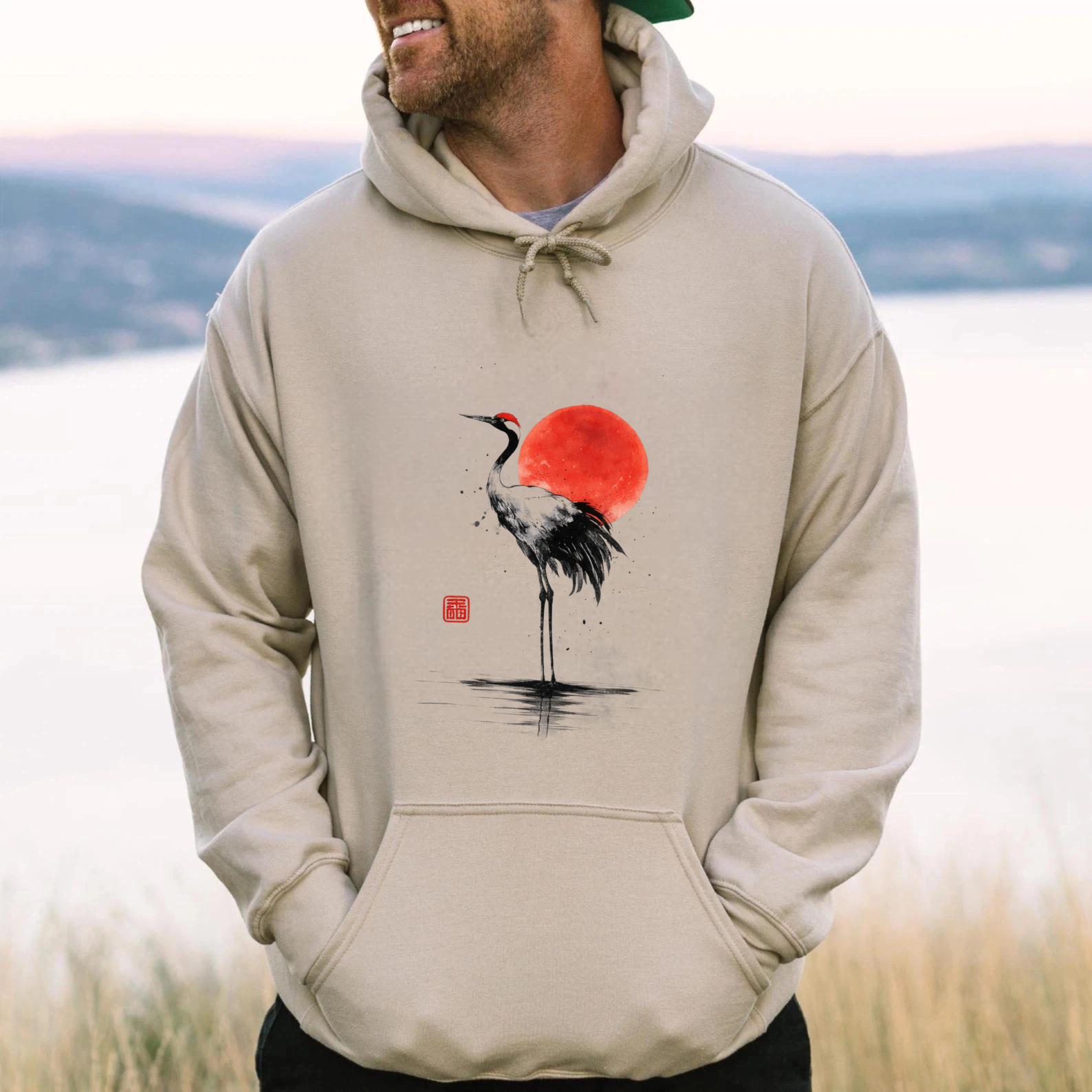 Black Hoodie With Red Sun And Crane Design Artistic Print Sweatshirt For Men And Women