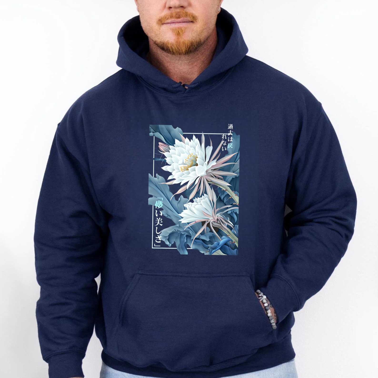 Flower Art Design Hoodie With Japanese Text And Cactus Blossom Print Unisex Sweatshirt Black