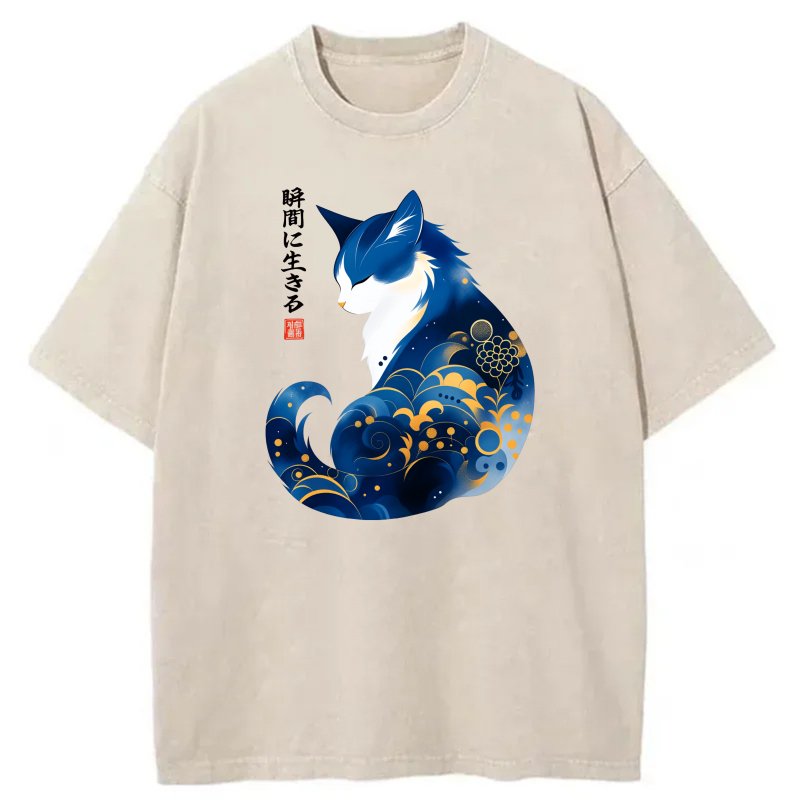 Blue Cat With Wave Pattern And Japanese Text tshirt 100% cotton