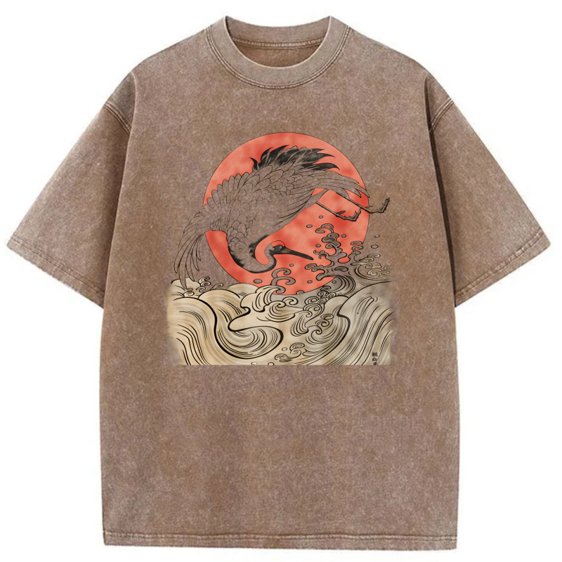 Dragon Silhouette Red Moon Waves Pattern tshirt 100% cotton