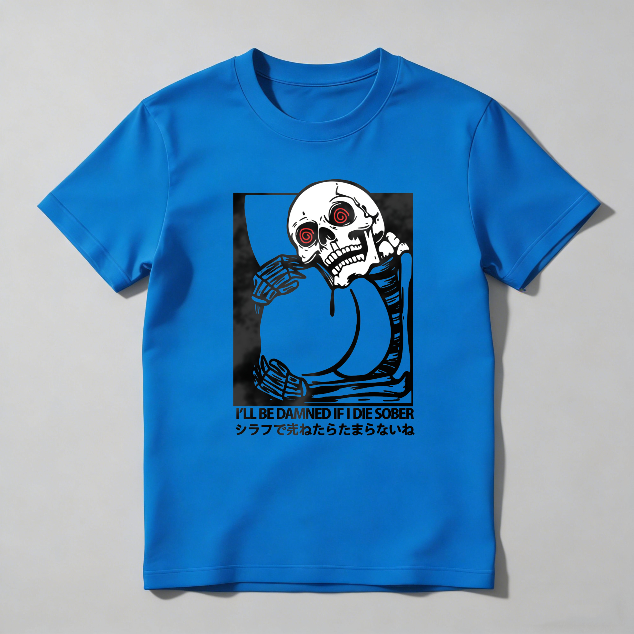 Skeleton Holding Glass With Red Eyes tshirt 100% cotton
