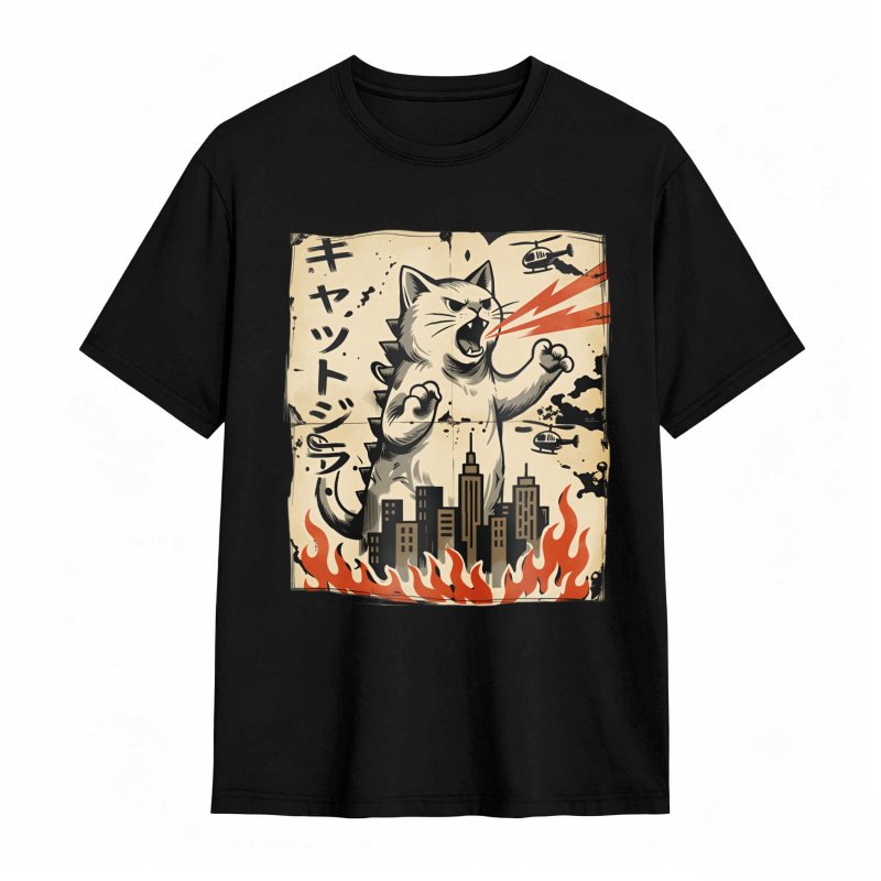 Cat Godzilla Destroying City With Fire tshirt 100% cotton