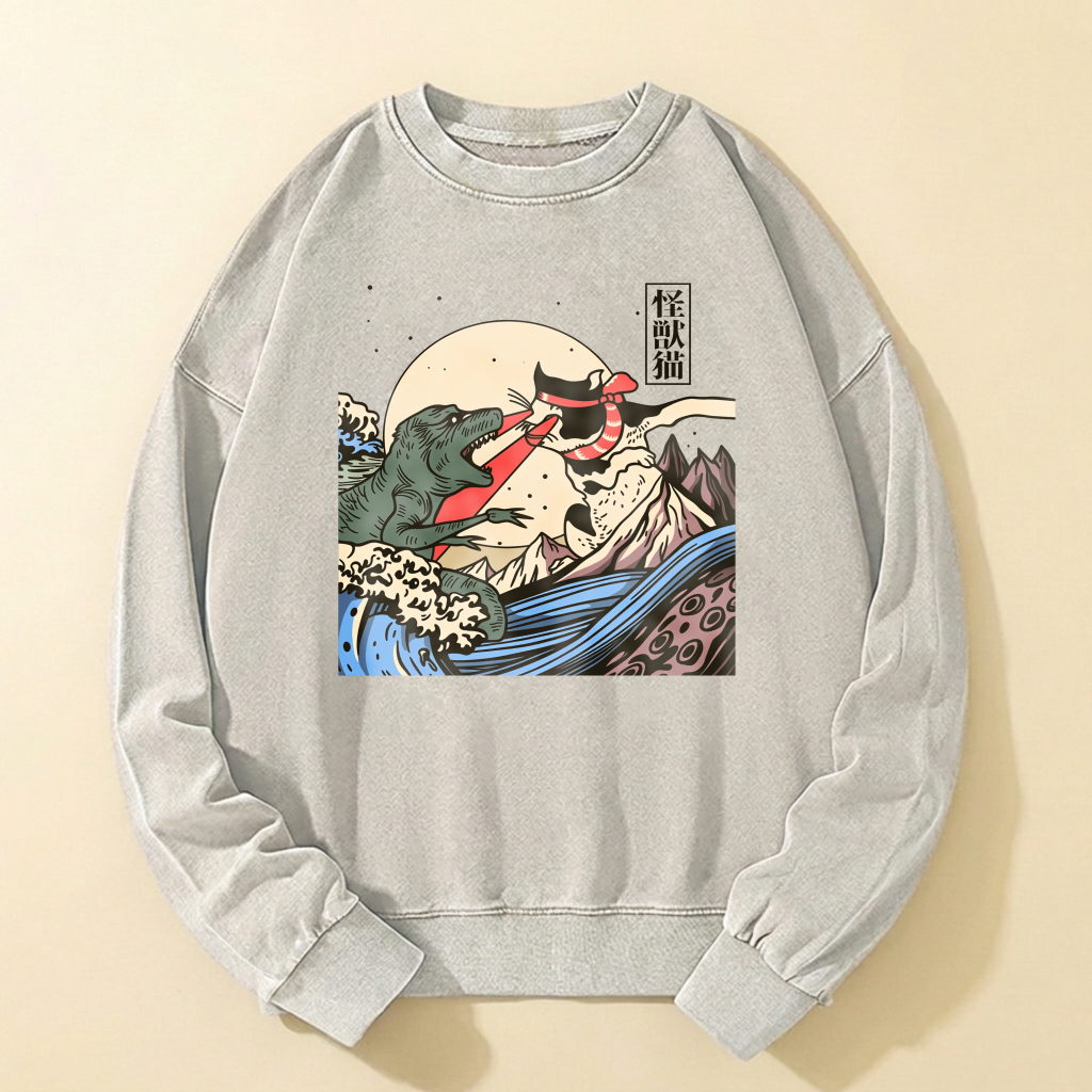 Black Crewneck Sweatshirt With Mythical Sea Monster And Moon Design Artistic Graphic Print Casual Wear For Men And Women