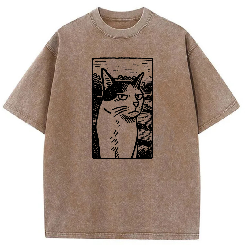 Cat Portrait In White Line Art Style tshirt 100% cotton