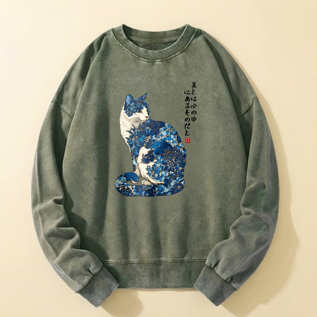Japanese Cat Art Sweatshirt With Blue Floral Design For Men And Women Casual Wear Unisex Fashion Top
