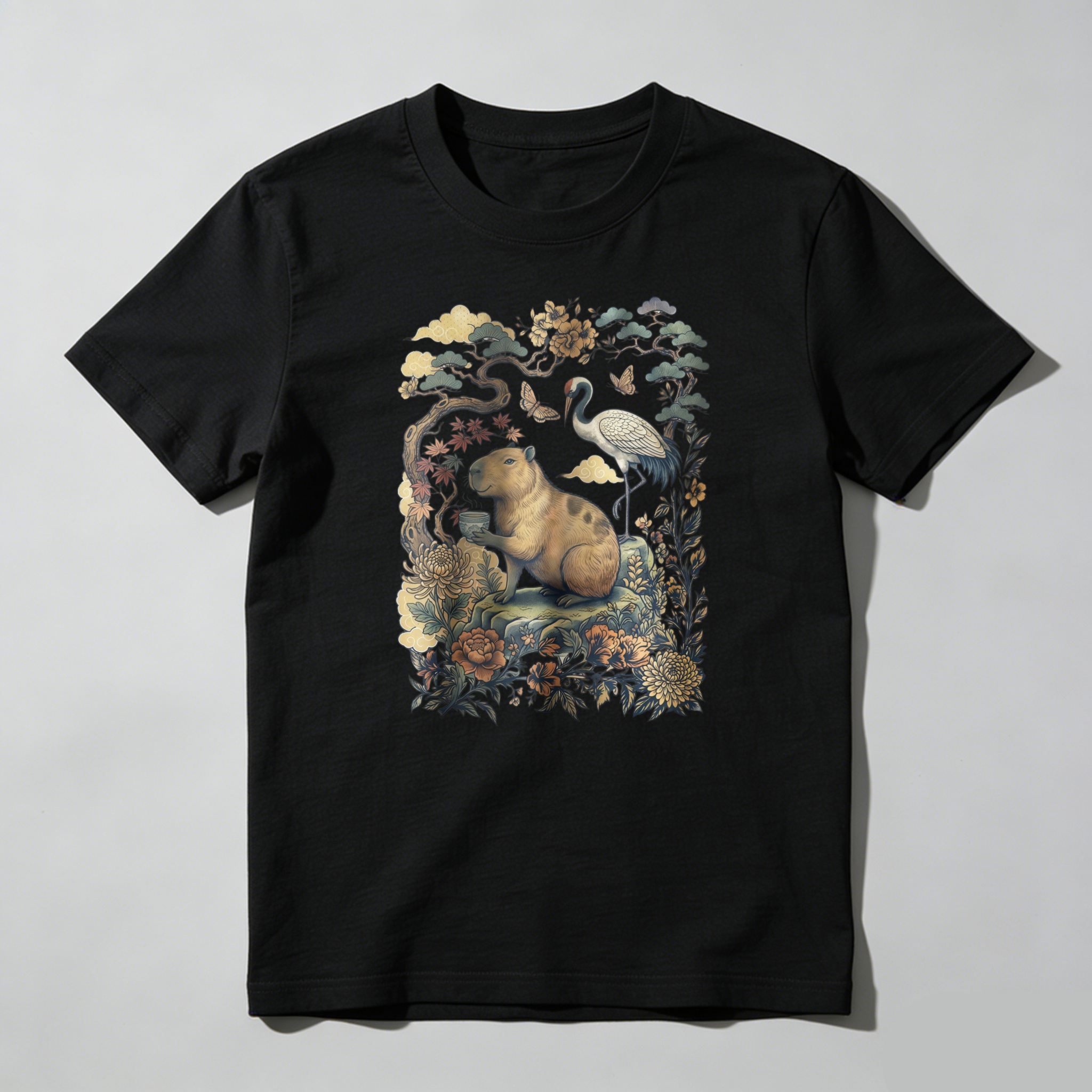 Bear And Crane In Floral Garden tshirt 100% cotton