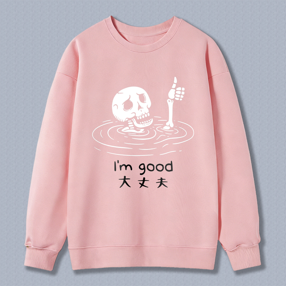 Skeleton In Water Thumbs Up Sweatshirt Good Day Design Black Crewneck Pullover
