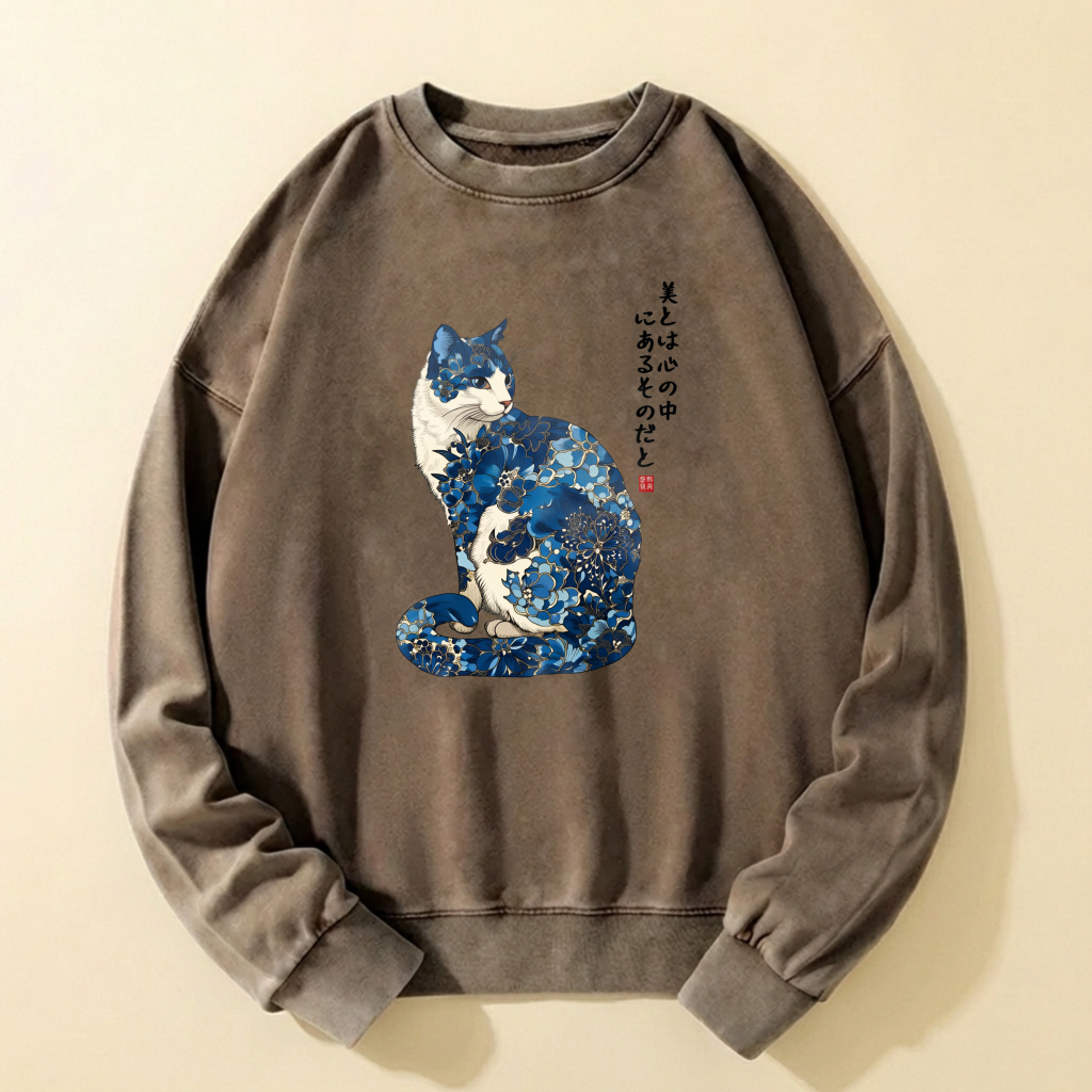 Japanese Cat Art Sweatshirt With Blue Floral Design For Men And Women Casual Wear Unisex Fashion Top