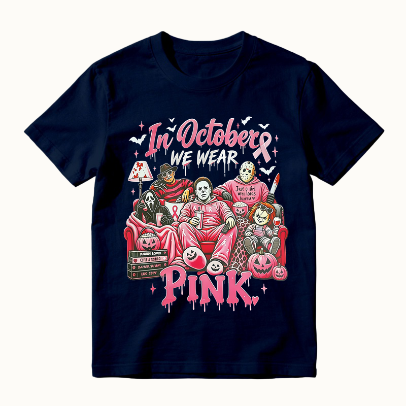 In October We Wear Pink Horror Movie Characters Print Breast Cancer Awareness Graphic T-Shirt