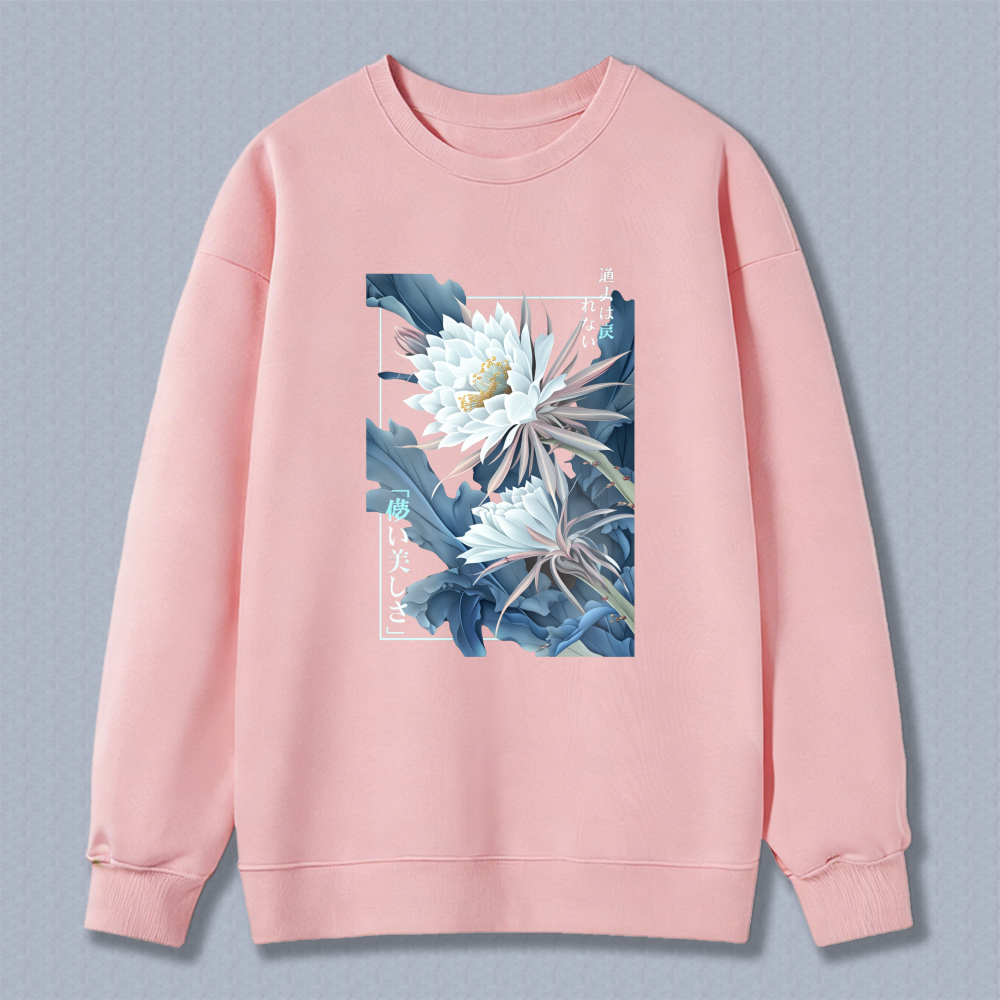 Black Sweatshirt With Floral Design And Japanese Text Art Print Unisex Casual Wear