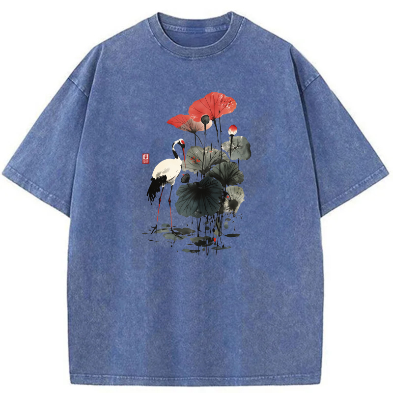 Crane Lotus Red Flower Art Print tshirt 100% cotton
