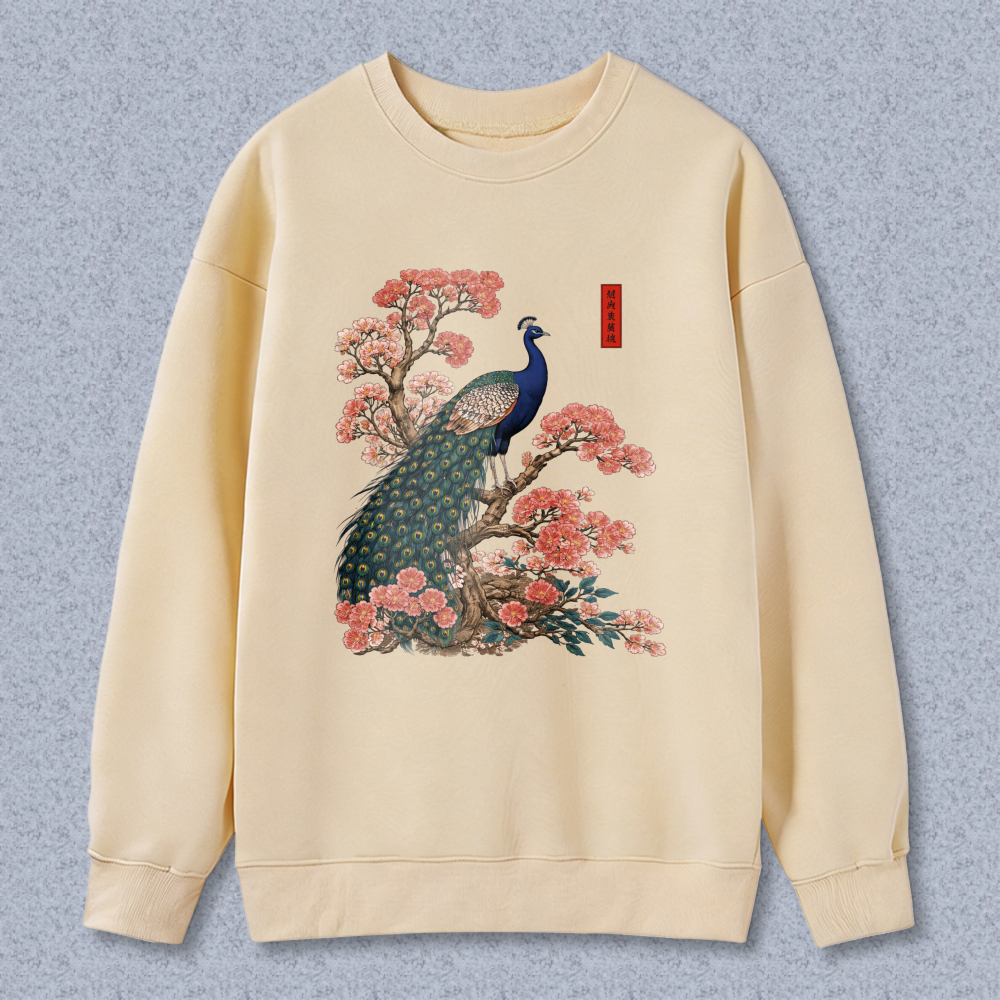 Peacock And Cherry Blossom Art Sweatshirt Unisex Crewneck Pullover Fashion Casual Top
