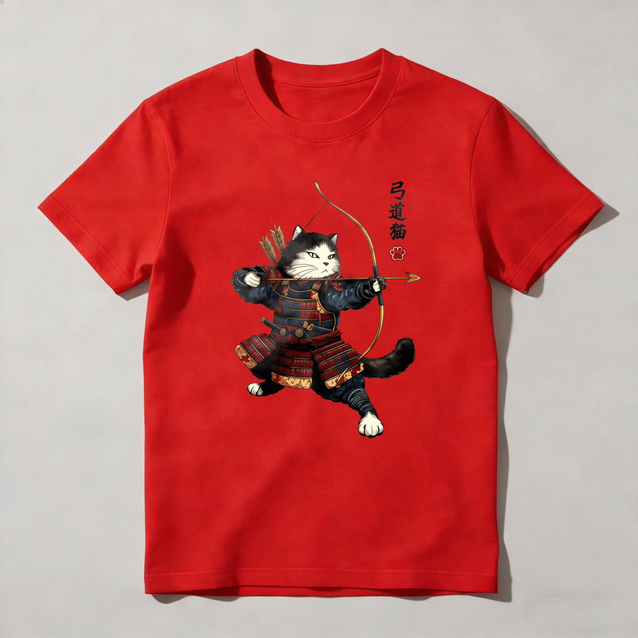 Cat Samurai Archery Warrior Design tshirt 100% cotton