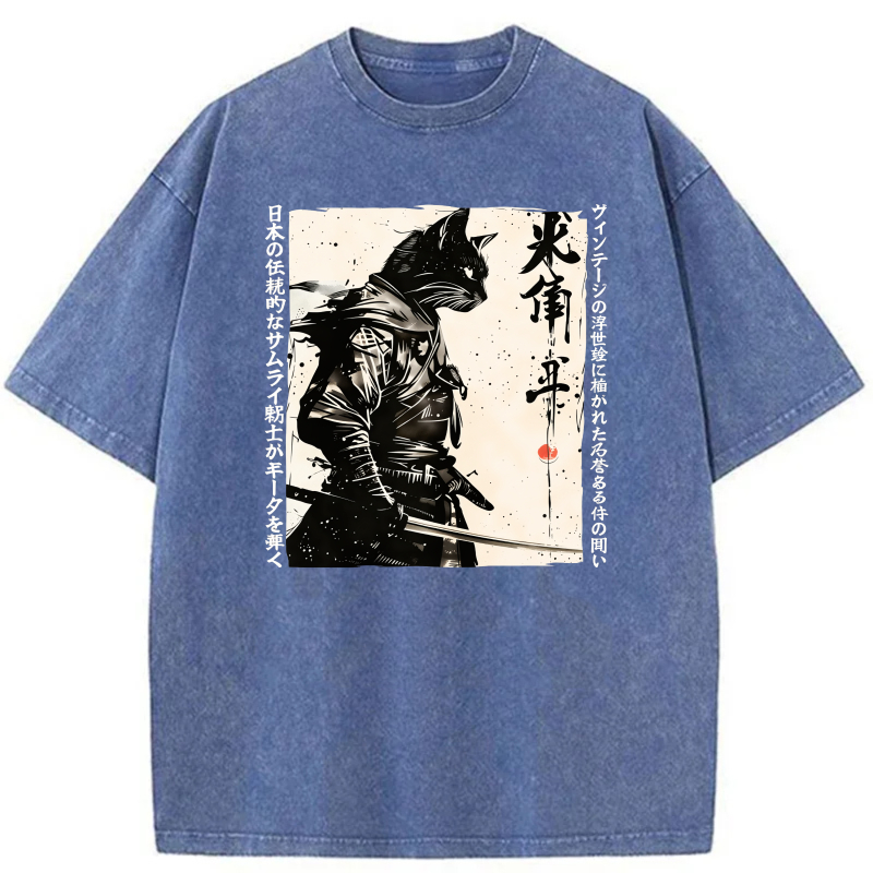 Samurai Cat With Sword And Japanese Text tshirt 100% cotton