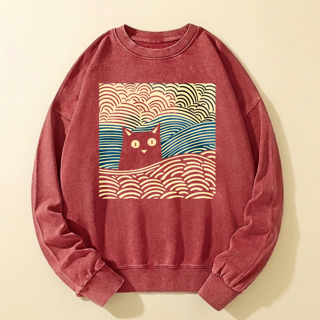 Black Cat Wave Pattern Crewneck Sweatshirt Artistic Design Unisex Casual Top