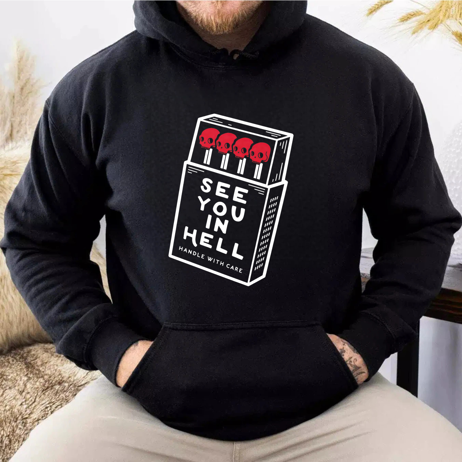 See You In Hell Matchbox Design Hoodie Black Sweatshirt With Pocket And Drawstring Cap