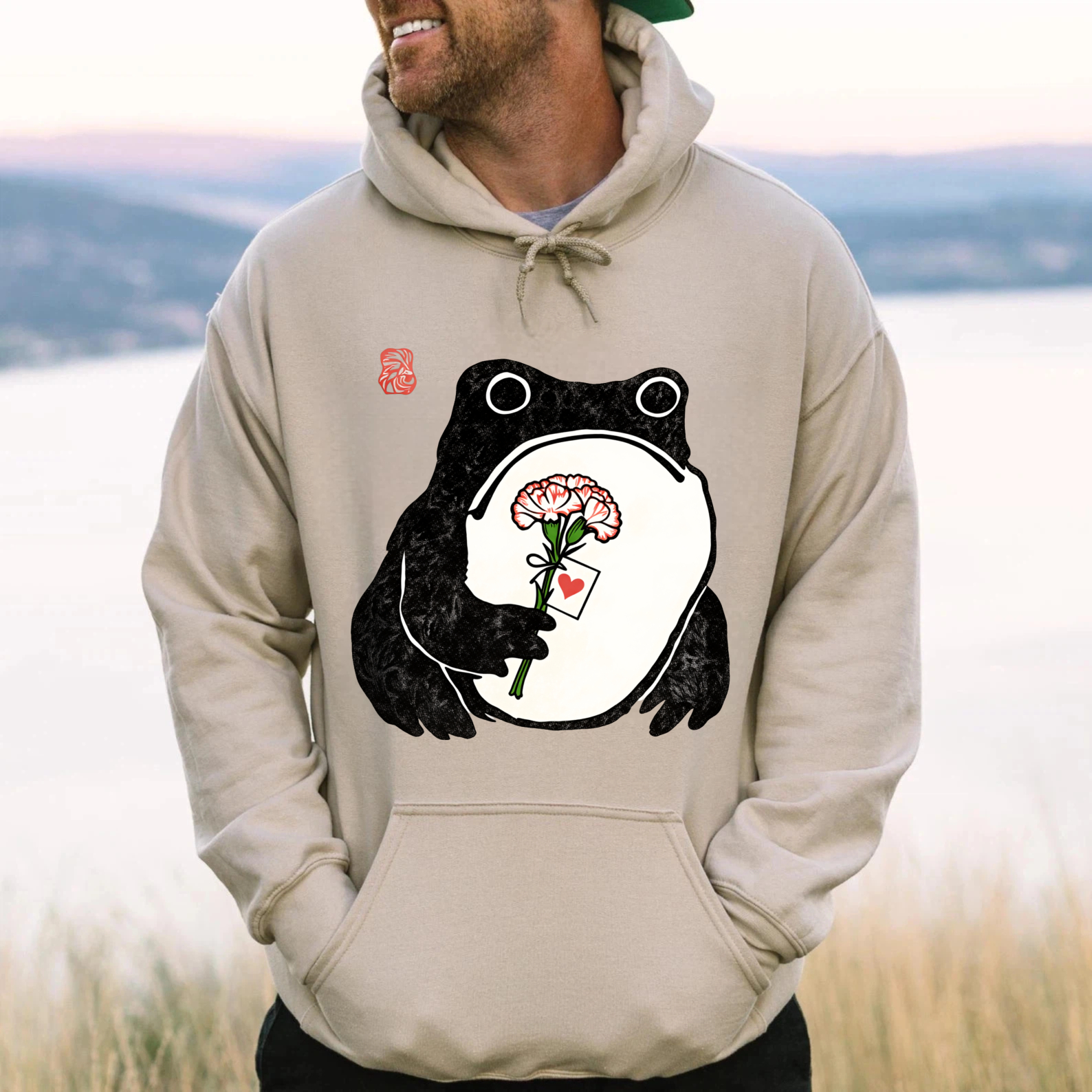 Frog Holding Rose Hoodie Black Cute Animal Design For Women And Men Unisex Sweatshirt With Pocket