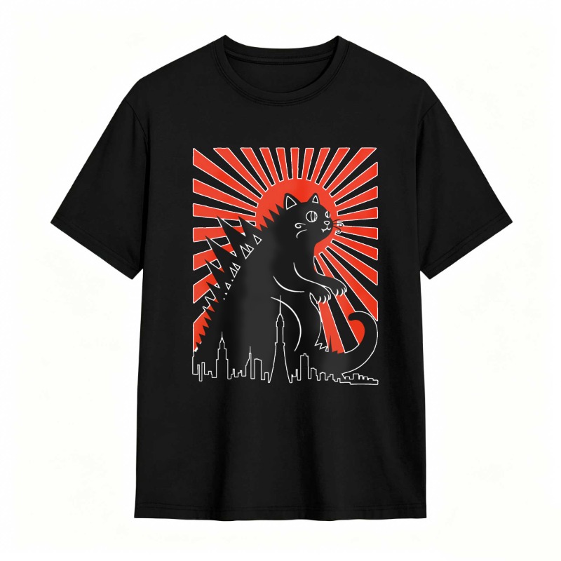Black Cat Red Sun City Silhouette tshirt 100% cotton