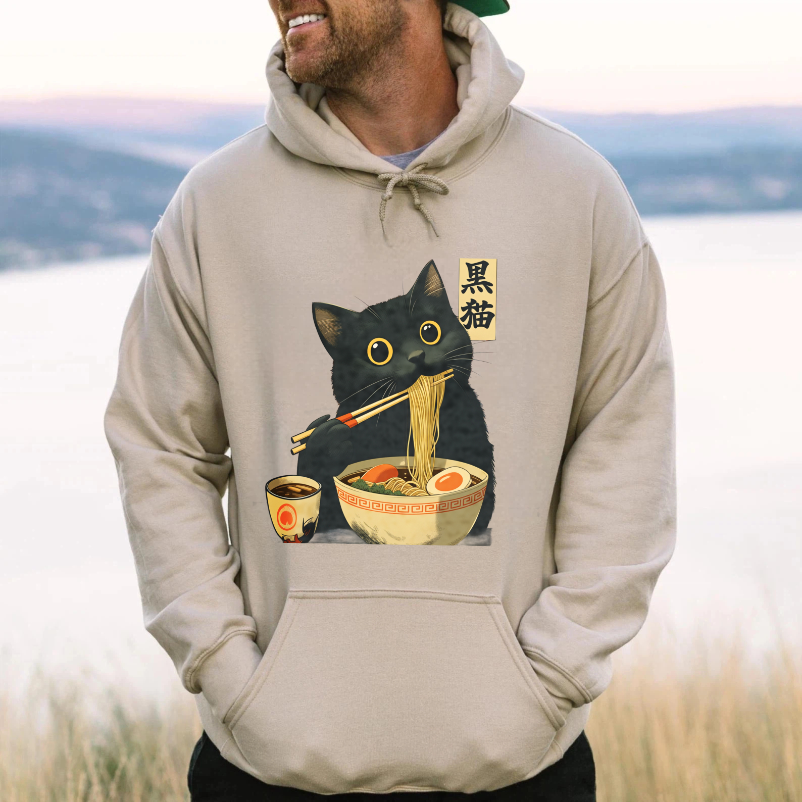Black Cat Eating Ramen Hoodie Japanese Food Anime Style Sweatshirt