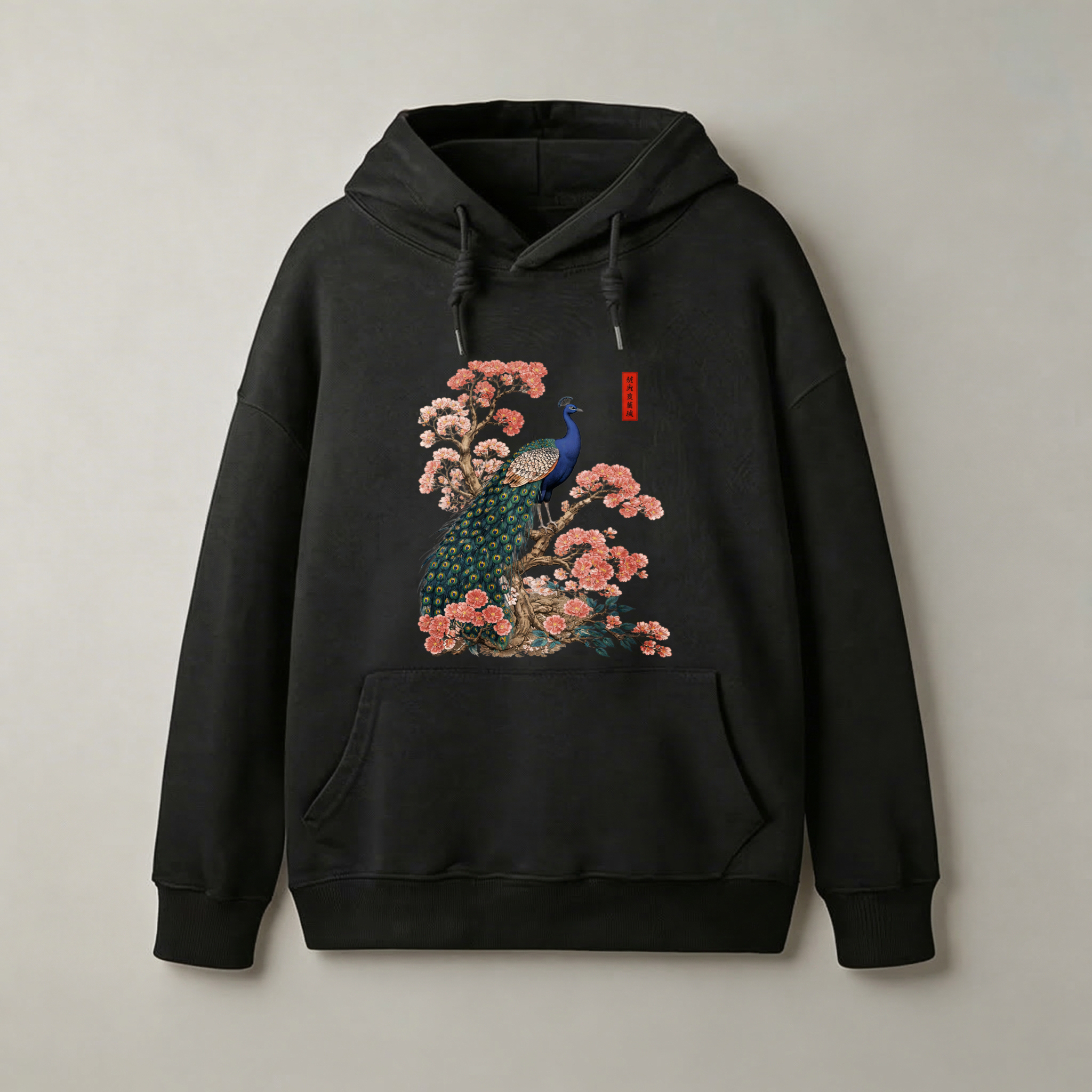 Peacock And Cherry Blossom Art Hoodie Black Unisex Sweatshirt With Front Pocket And Drawstring Hood