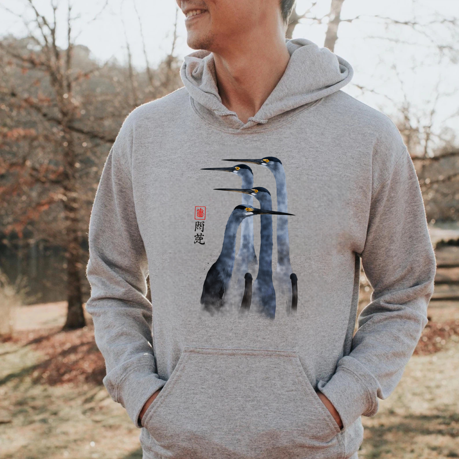 Chinese Painting Crane Design Hoodie Unisex Black Sweatshirt With Pocket And Drawstring Hood