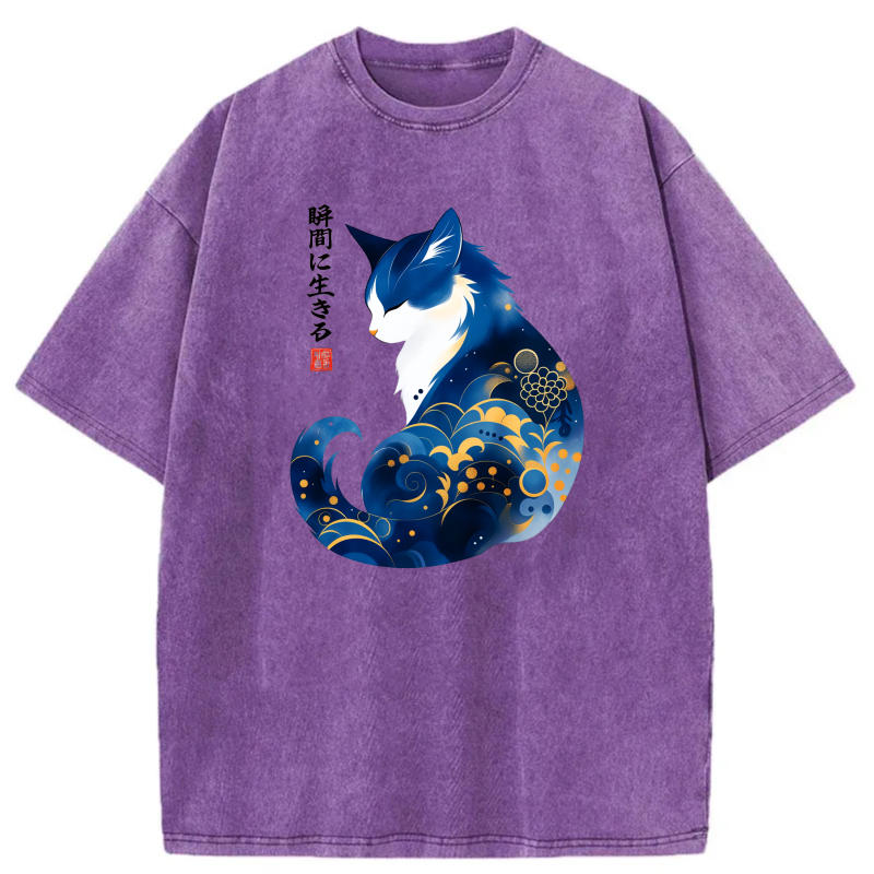 Blue Cat With Wave Pattern And Japanese Text tshirt 100% cotton