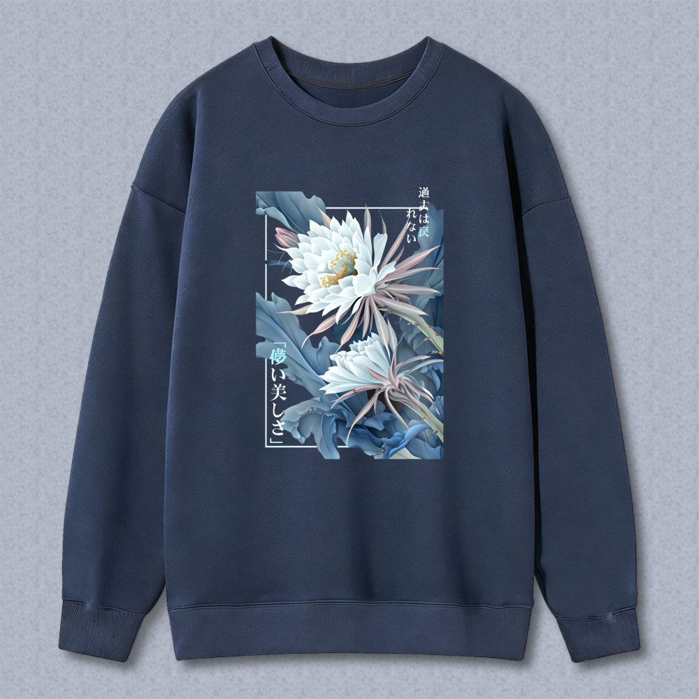 Black Sweatshirt With Floral Design And Japanese Text Art Print Unisex Casual Wear