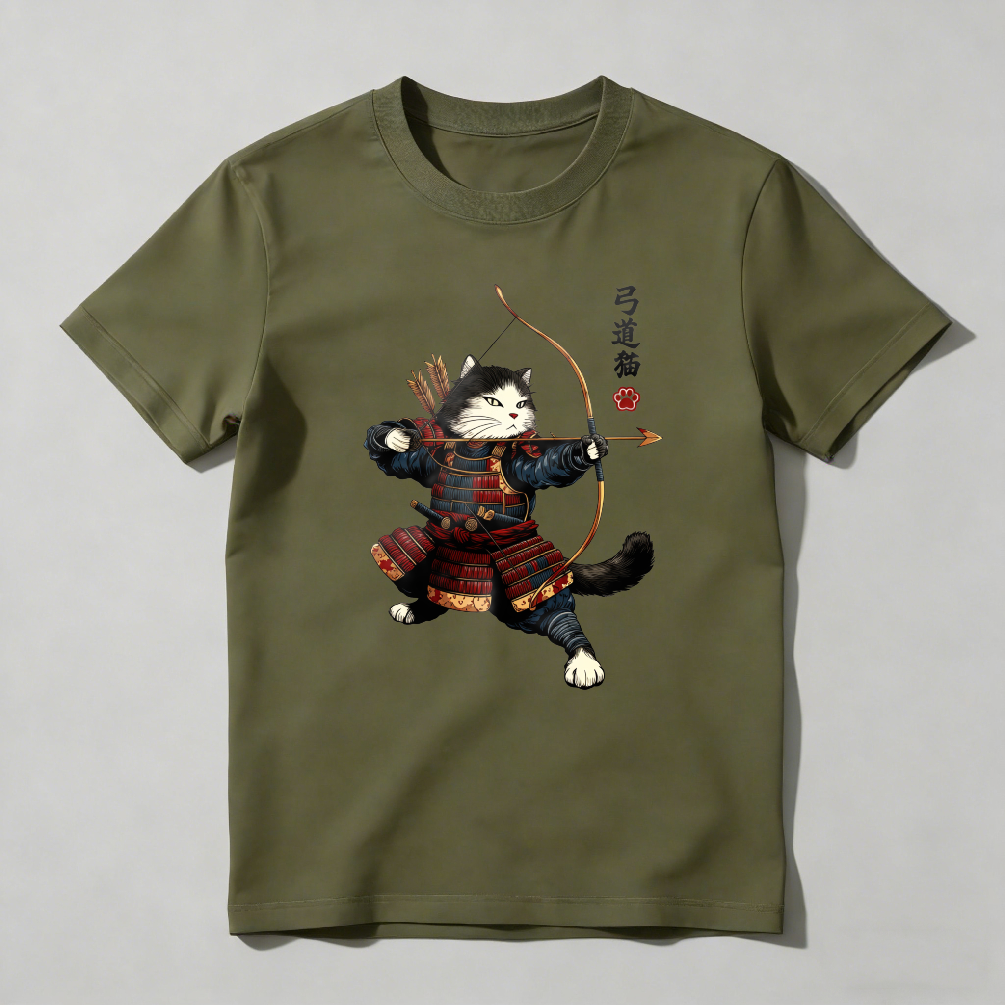 Cat Samurai Archery Warrior Design tshirt 100% cotton