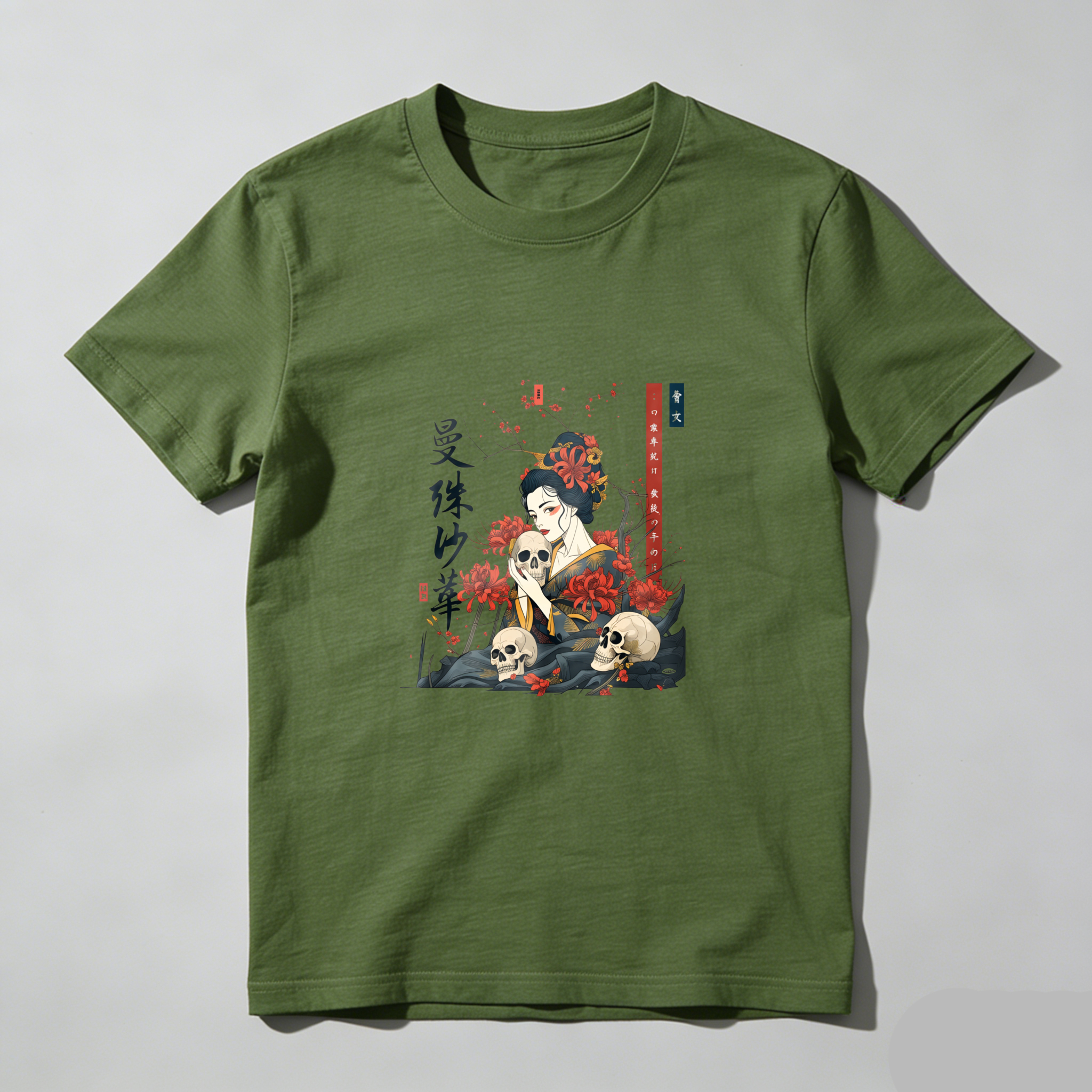 Geisha With Skulls And Cherry Blossoms tshirt 100% cotton
