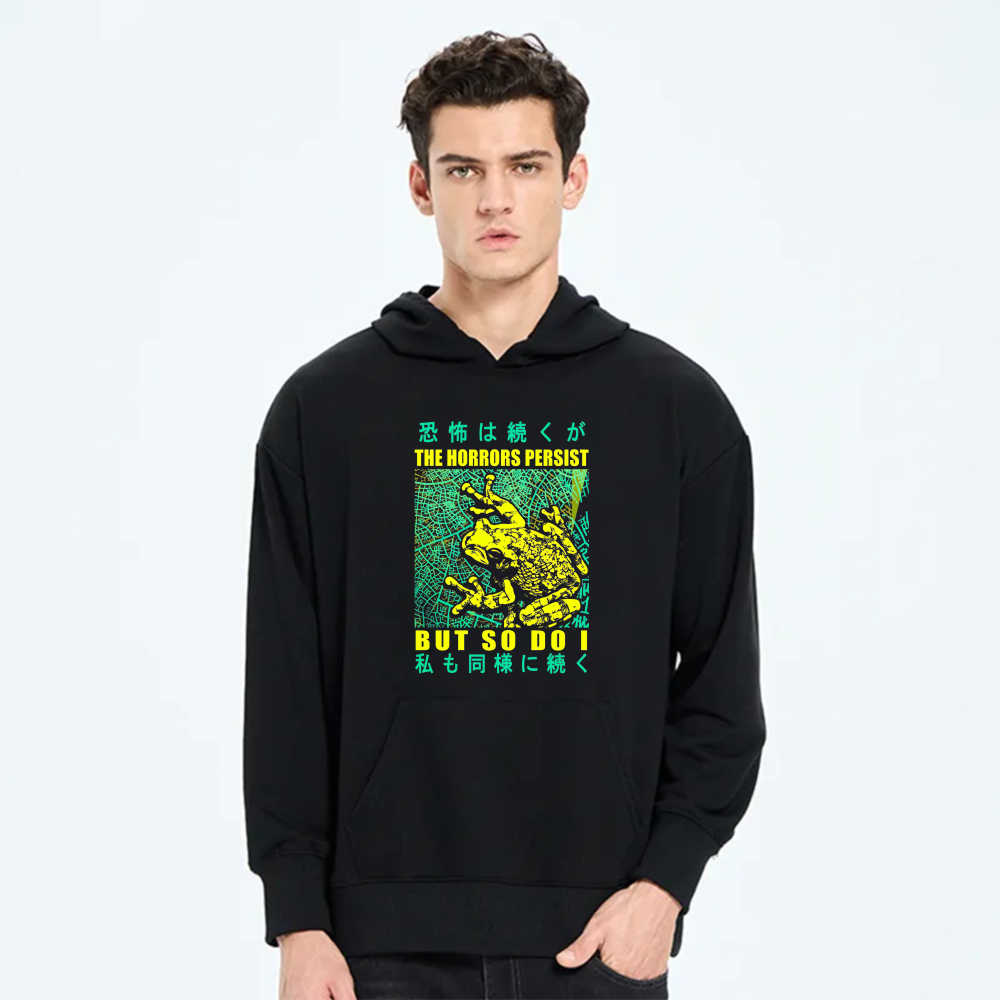 The Horrors Persist But So Do I Frog Hoodie With Japanese Text And Neon Design