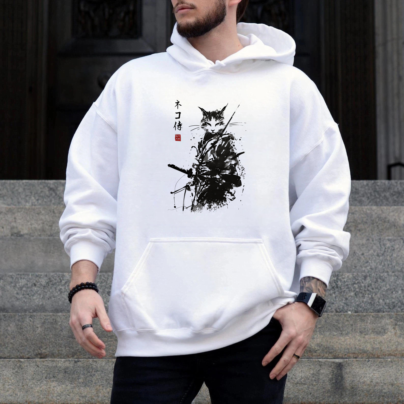 Cat Ninja Warrior Black Hoodie With Japanese Calligraphy Design For Men And Women
