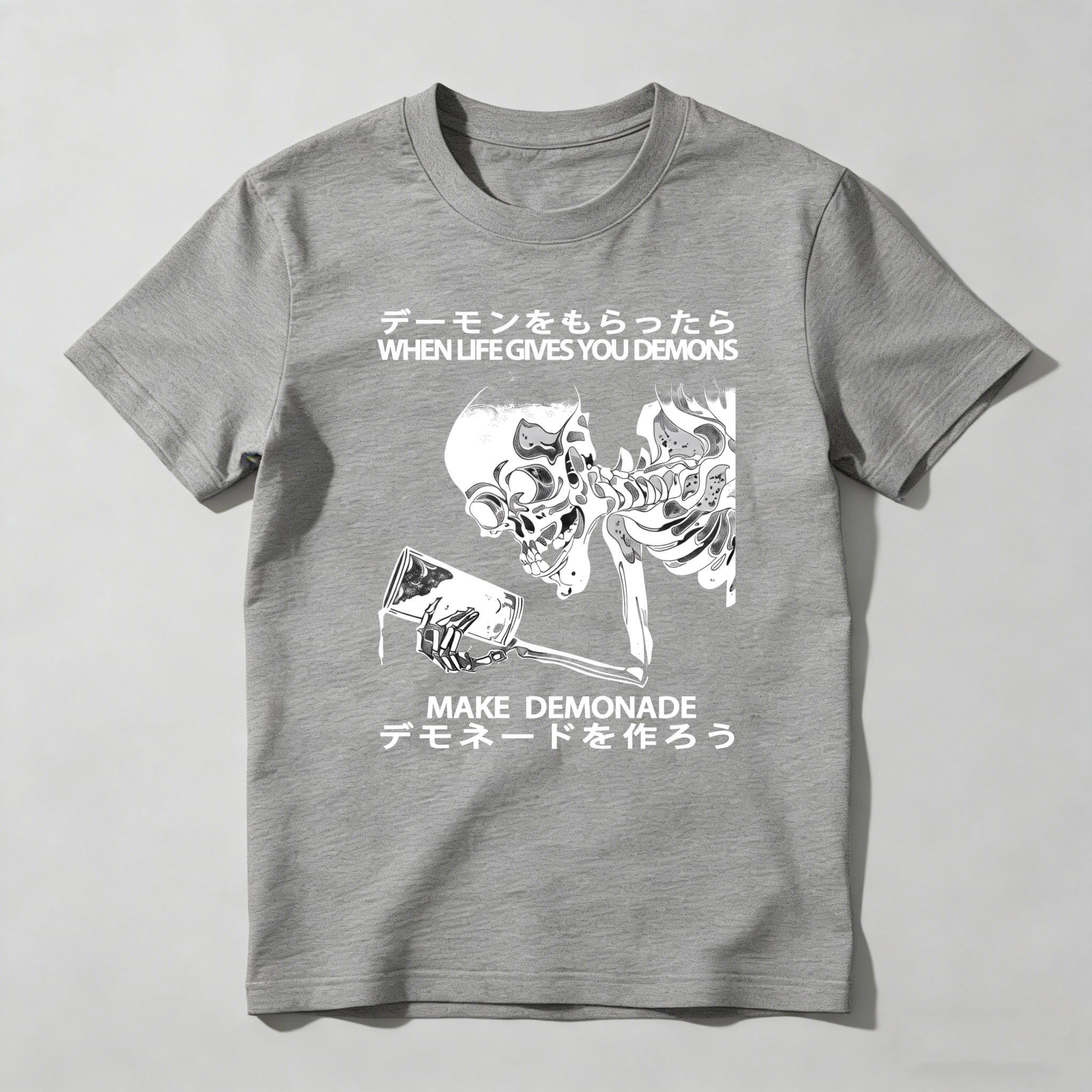 Demon Skeleton Holding Glass With Text tshirt 100% cotton