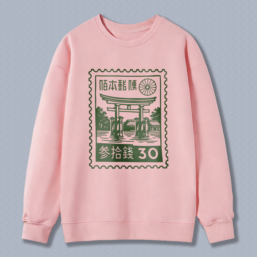 Japan Post Stamp Design Sweatshirt With Torii Gate And Traditional Motif 30 Sen Print Black Crewneck Pullover