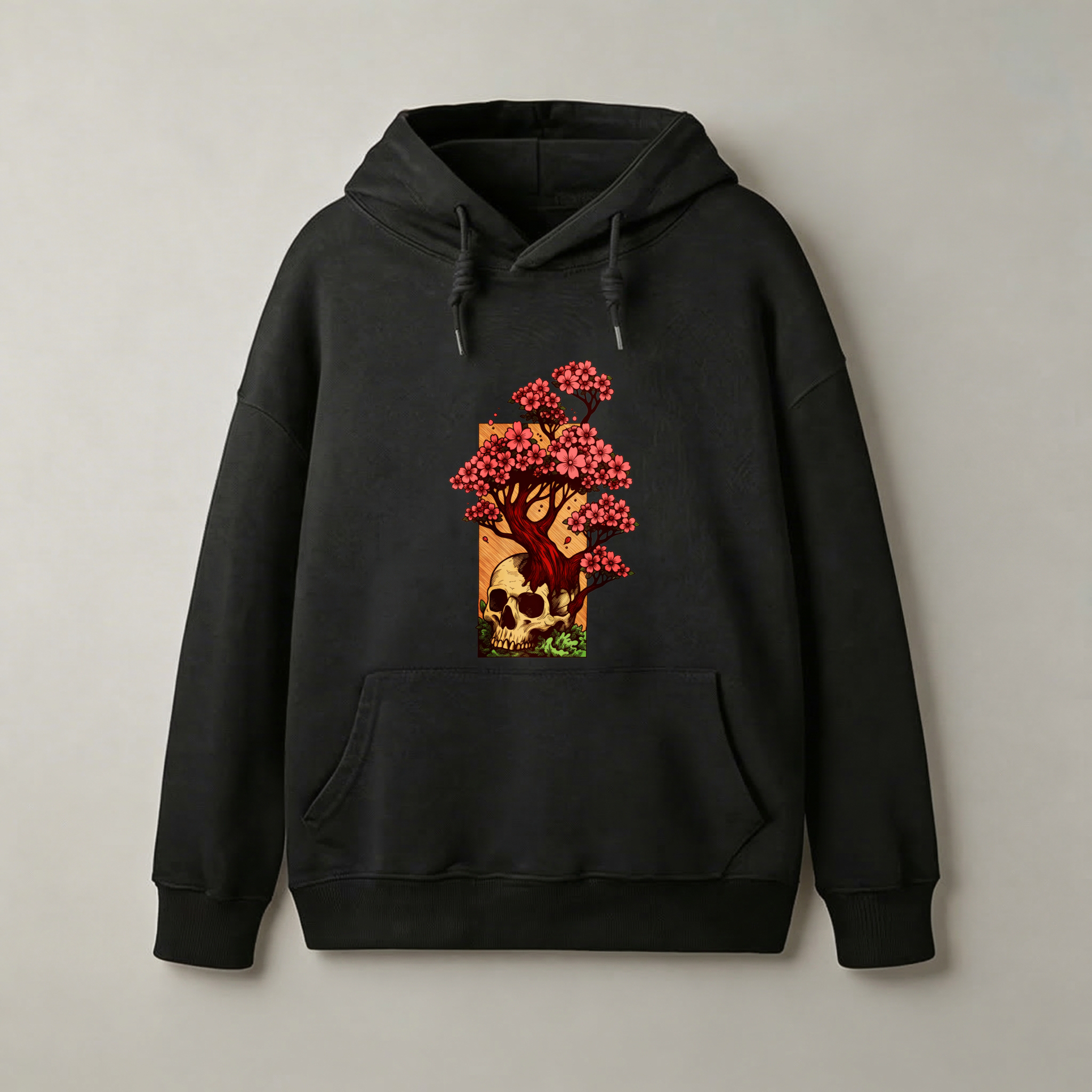 Black Hoodie With Cherry Blossom Tree And Skull Design Artistic Graphic Sweatshirt For Men Women Unisex Wear