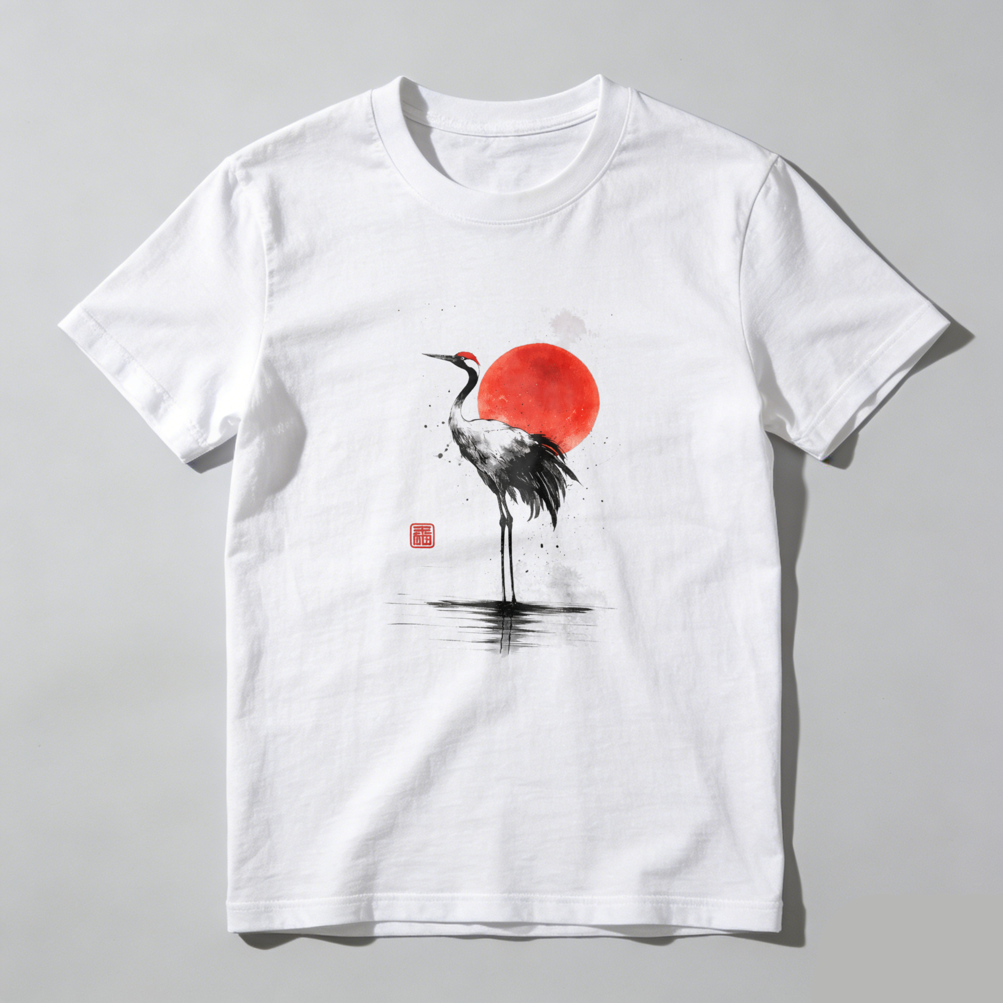 Red Sun Crane Water Reflection Art Design tshirt 100% cotton