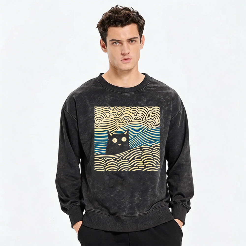Black Cat Wave Pattern Crewneck Sweatshirt Artistic Design Unisex Casual Top