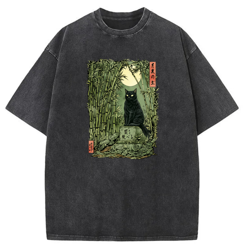 Black Cat Bamboo Moon Japanese Art tshirt 100% cotton