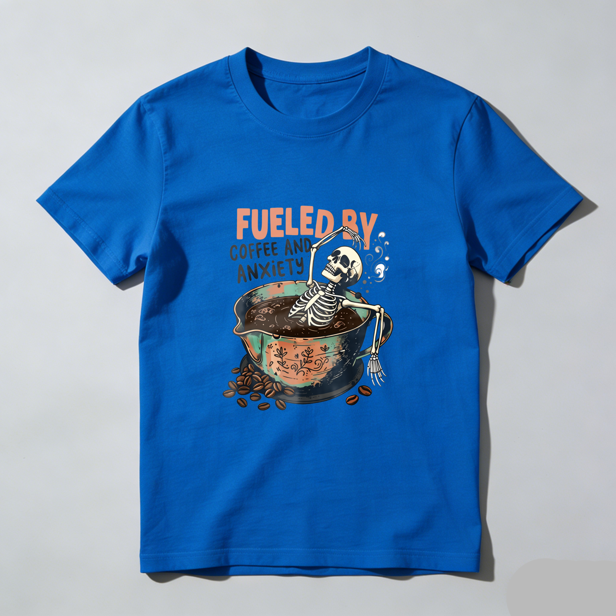 Fueled By Coffee Skeleton Design tshirt 100% cotton