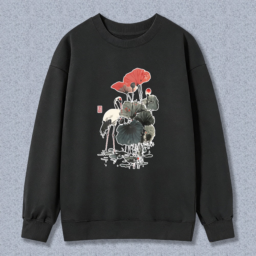 Lotus Flower And Crane Pattern Unisex Crewneck Classic Sweatshirt