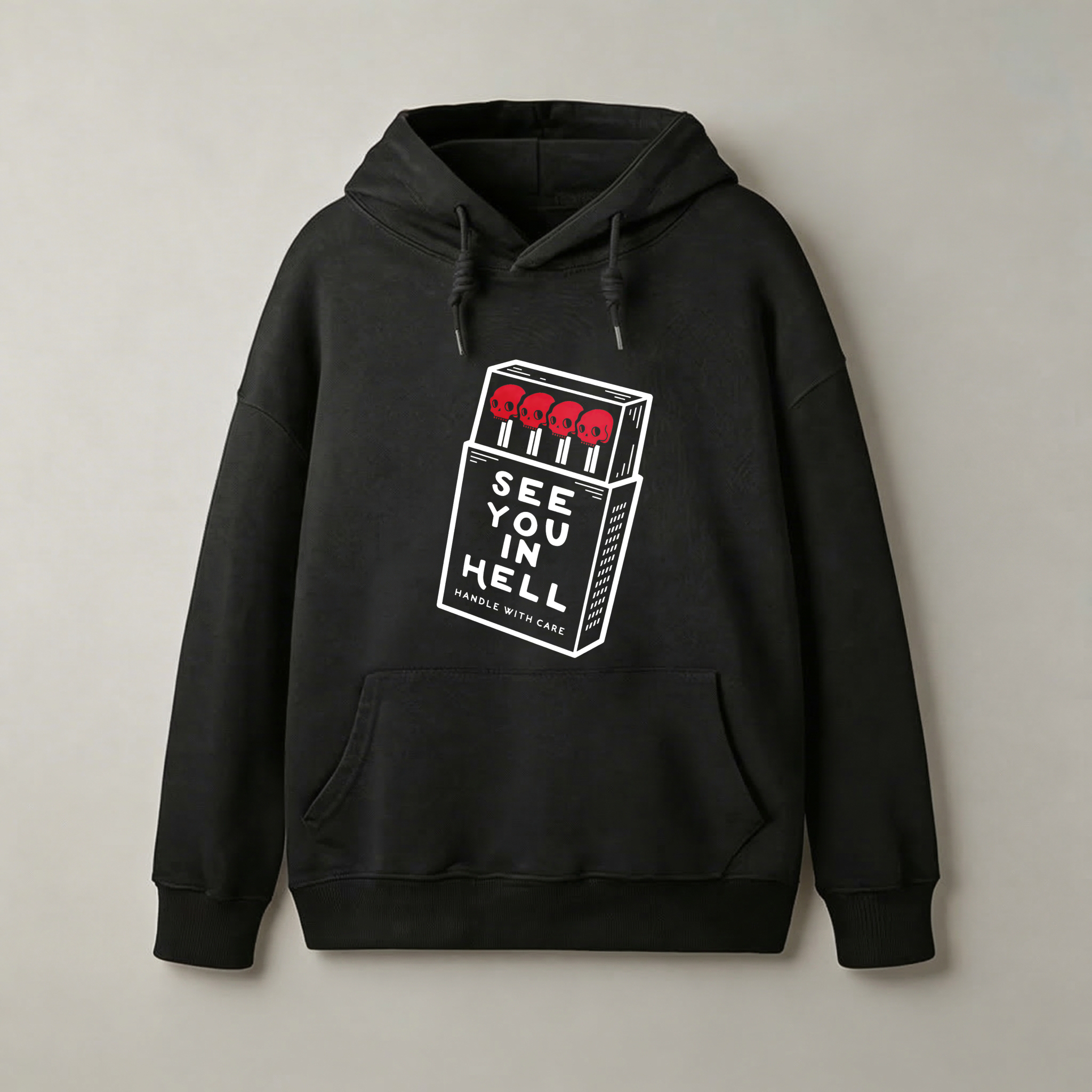 See You In Hell Matchbox Design Hoodie Black Sweatshirt With Pocket And Drawstring Cap