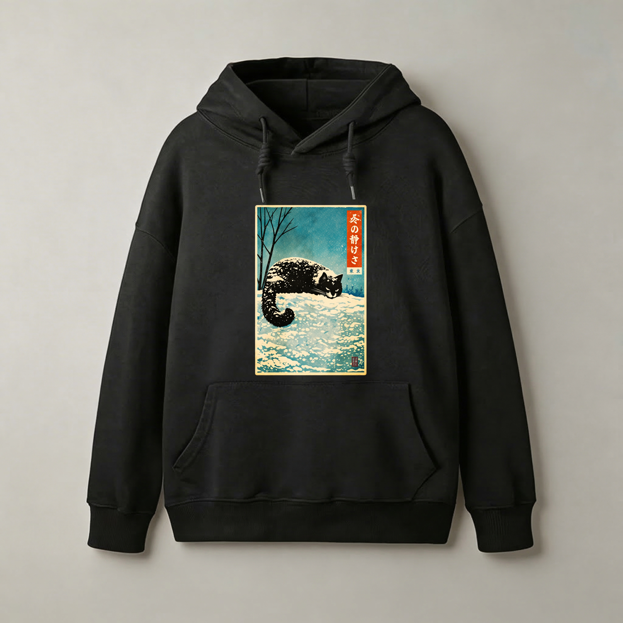 Black Hoodie With Japanese Cat Art Print Snow Scene Design For Men Women Unisex Sweatshirt